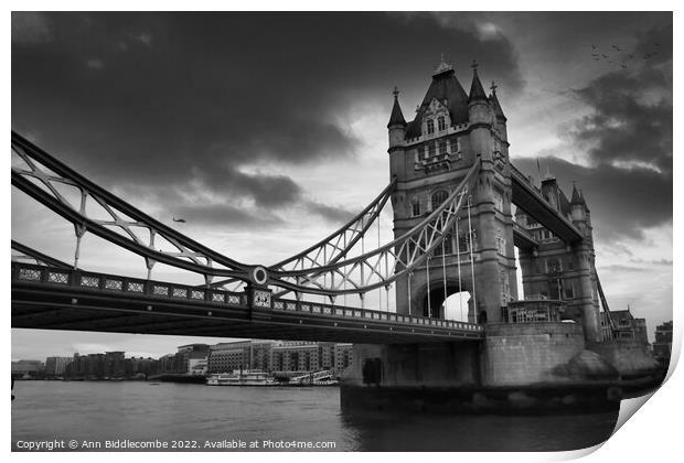 Monochrome Tower Bridge from the side Print by Ann Biddlecombe