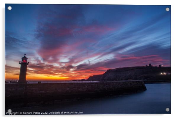 Whitby Pier sunrise Acrylic by Richard Perks