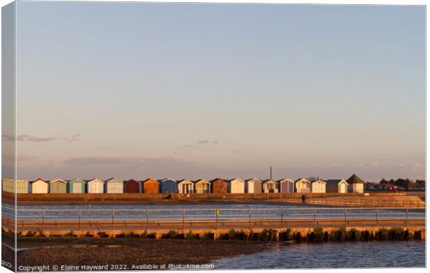 Beach huts at Brightlingsea during golden hour Canvas Print by Elaine Hayward