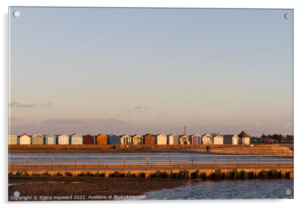 Beach huts at Brightlingsea during golden hour Acrylic by Elaine Hayward