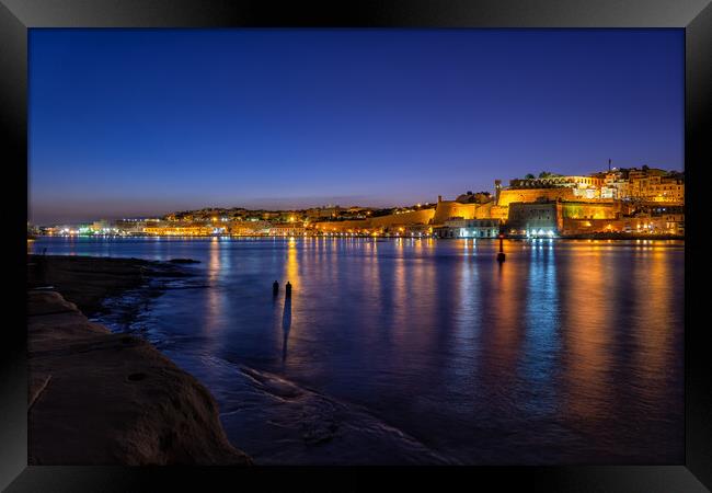 Valletta Night City Skyline Sea View In Malta Framed Print by Artur Bogacki