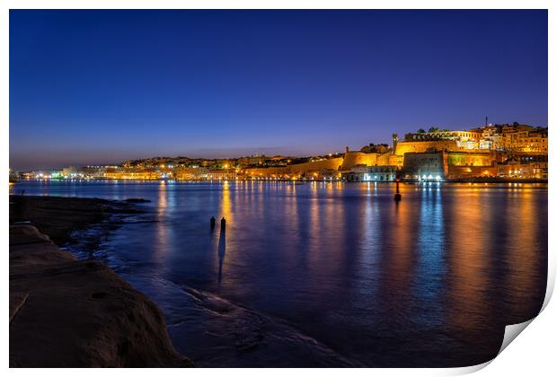 Valletta Night City Skyline Sea View In Malta Print by Artur Bogacki