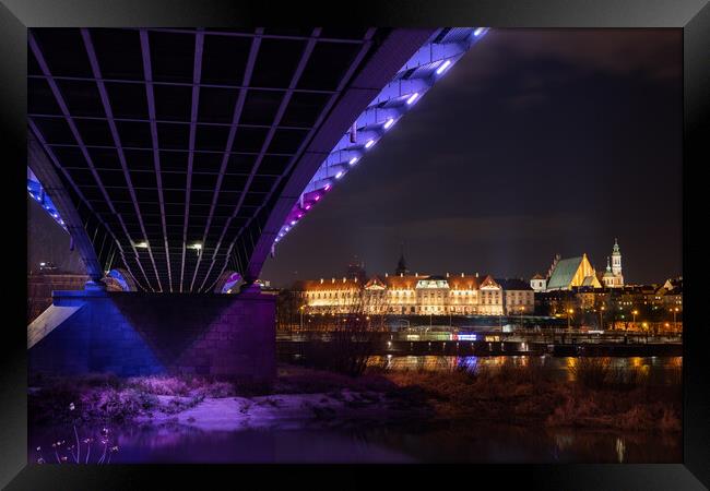 Bridge And The City By Night In Warsaw Framed Print by Artur Bogacki