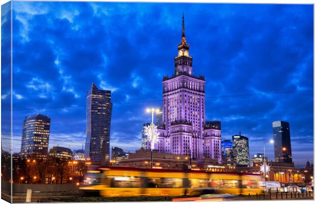 Warsaw City Centre in Poland at Evening Twilight Canvas Print by Artur Bogacki