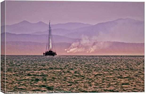 Sailboat Cruise along a Smoky Misty Mountainous Range Canvas Print by Errol D'Souza
