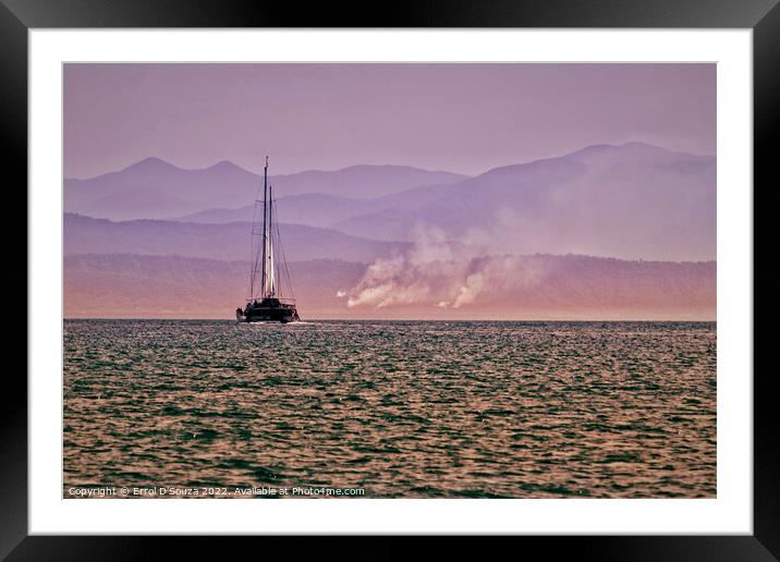 Sailboat Cruise along a Smoky Misty Mountainous Range Framed Mounted Print by Errol D'Souza