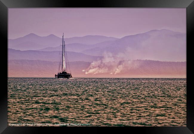 Sailboat Cruise along a Smoky Misty Mountainous Range Framed Print by Errol D'Souza