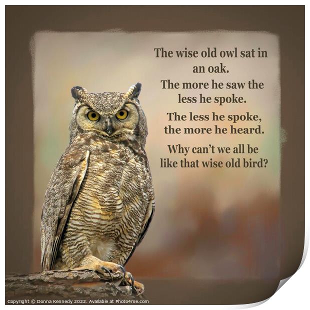 The Wise Old Owl Poem Print by Donna Kennedy