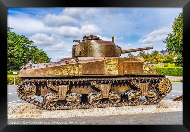 Sherman US Tank Monument Omaha Beach Area Normandy France Framed Print by William Perry