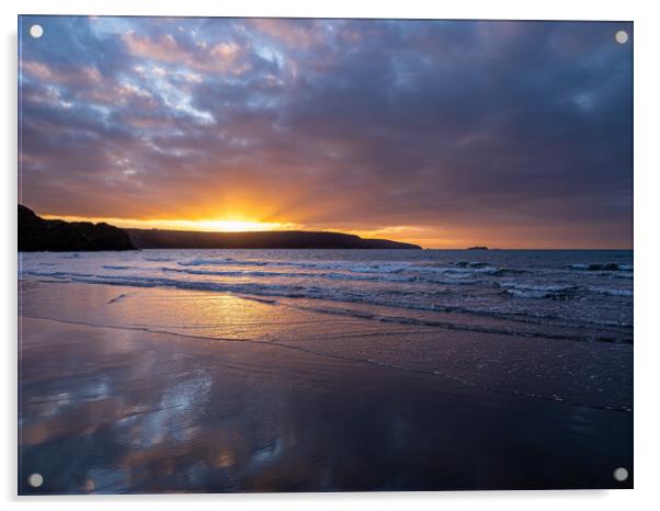 Broad Haven Beach at Sunset. Acrylic by Colin Allen