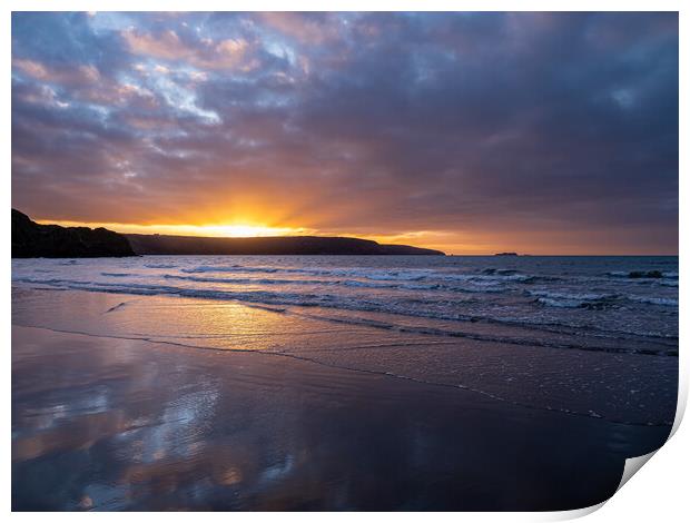 Broad Haven Beach at Sunset. Print by Colin Allen