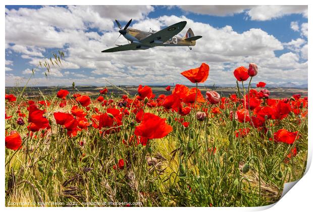 Spitfire fighter war plane flying over a poppy field. Print by Kevin Hellon