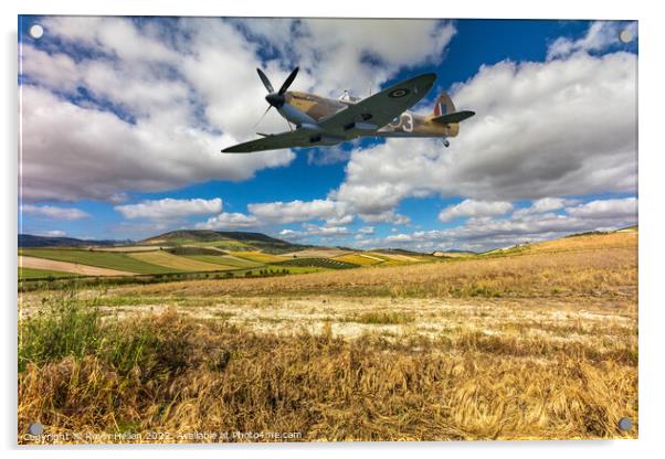 Spitfire fighter war plane flying over a field. Acrylic by Kevin Hellon