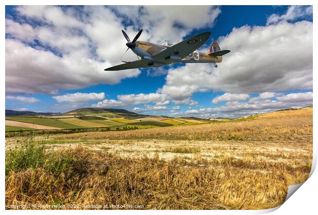 Spitfire fighter war plane flying over a field. Print by Kevin Hellon