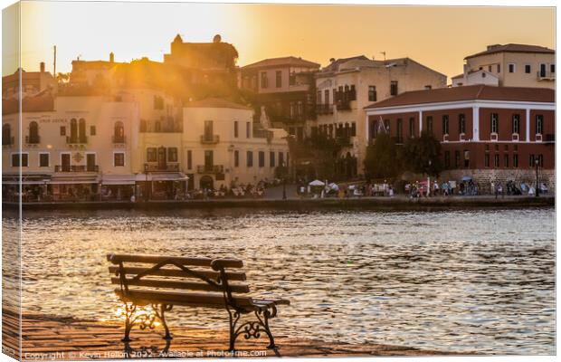 Seat for the sunset, Chania Harbour, Canvas Print by Kevin Hellon