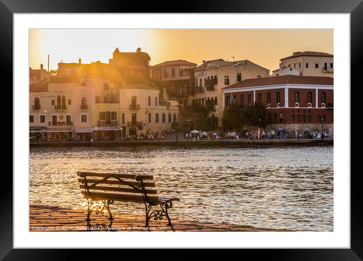 Seat for the sunset, Chania Harbour, Framed Mounted Print by Kevin Hellon