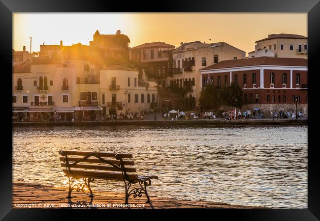 Seat for the sunset, Chania Harbour, Framed Print by Kevin Hellon