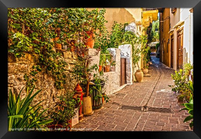 Narrow street in Chania old town Framed Print by Kevin Hellon