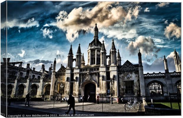 Kings College  with dramatic Sky Canvas Print by Ann Biddlecombe