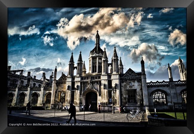 Kings College  with dramatic Sky Framed Print by Ann Biddlecombe