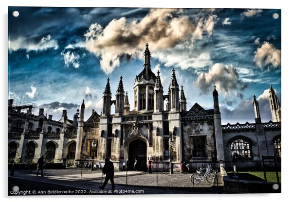 Kings College  with dramatic Sky Acrylic by Ann Biddlecombe