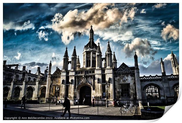 Kings College  with dramatic Sky Print by Ann Biddlecombe