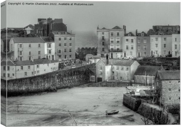 Tenby Harbour Beach and Georgian Houses in Black and White Canvas Print by Martin Chambers