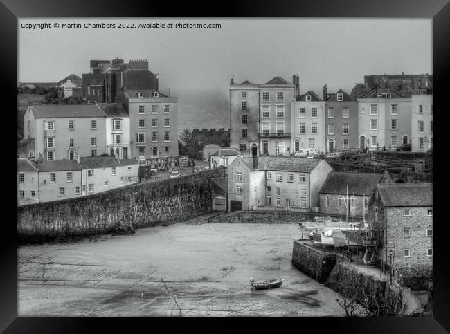 Tenby Harbour Beach and Georgian Houses in Black and White Framed Print by Martin Chambers