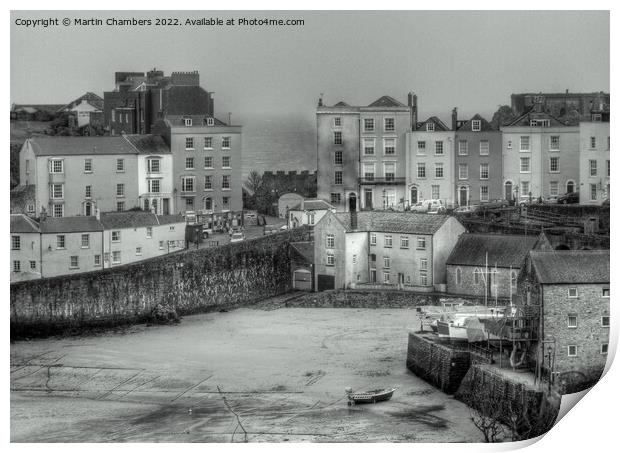 Tenby Harbour Beach and Georgian Houses in Black and White Print by Martin Chambers