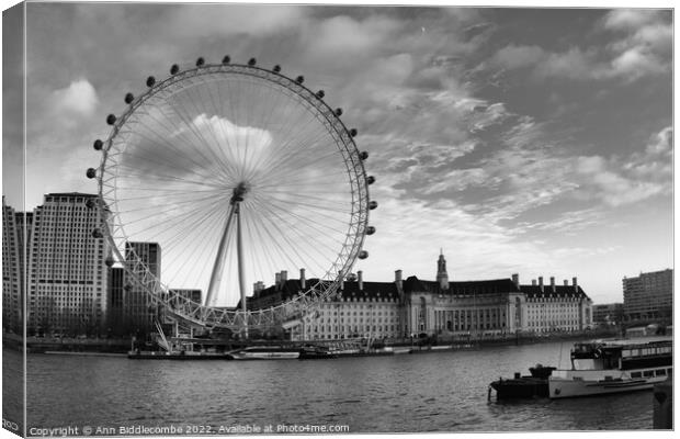 Monochrome The London Eye London City scene Canvas Print by Ann Biddlecombe