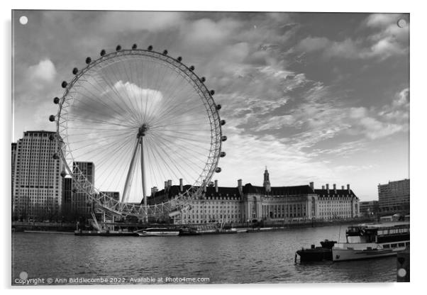 Monochrome The London Eye London City scene Acrylic by Ann Biddlecombe