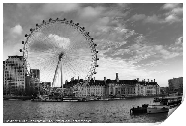Monochrome The London Eye London City scene Print by Ann Biddlecombe