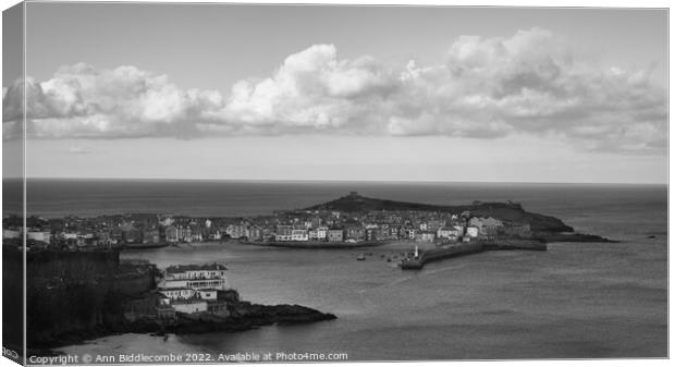 St Ives Harbour in monochrome Canvas Print by Ann Biddlecombe