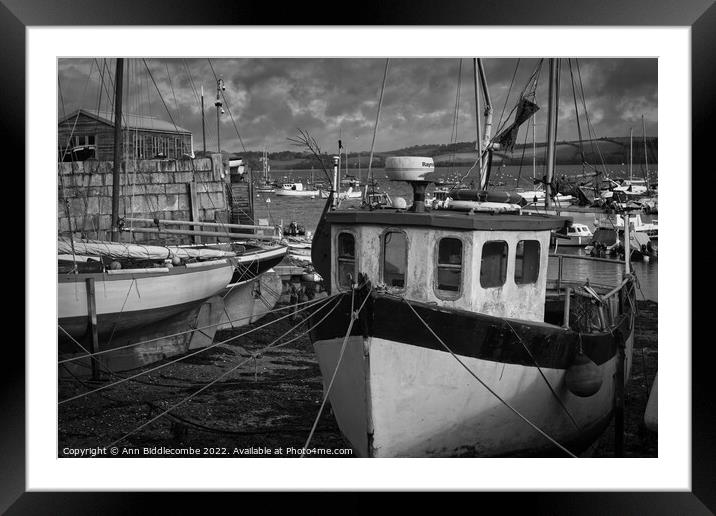 Fishing boats stranded as the tide recedes Framed Mounted Print by Ann Biddlecombe