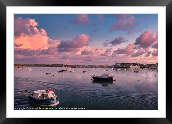 Falmouth harbour under pink skies Framed Mounted Print by Ann Biddlecombe