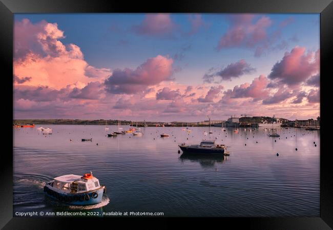 Falmouth harbour under pink skies Framed Print by Ann Biddlecombe
