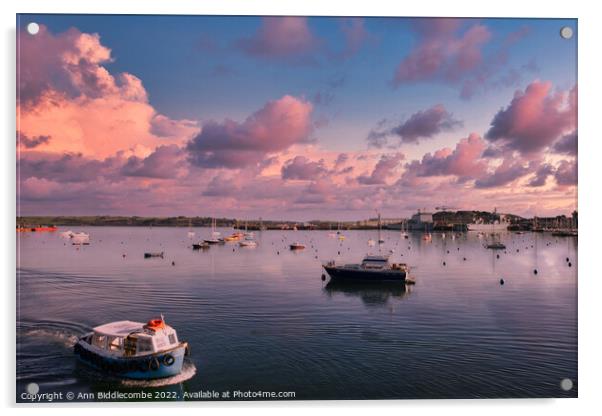 Falmouth harbour under pink skies Acrylic by Ann Biddlecombe