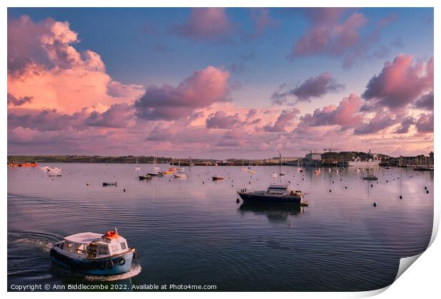 Falmouth harbour under pink skies Print by Ann Biddlecombe