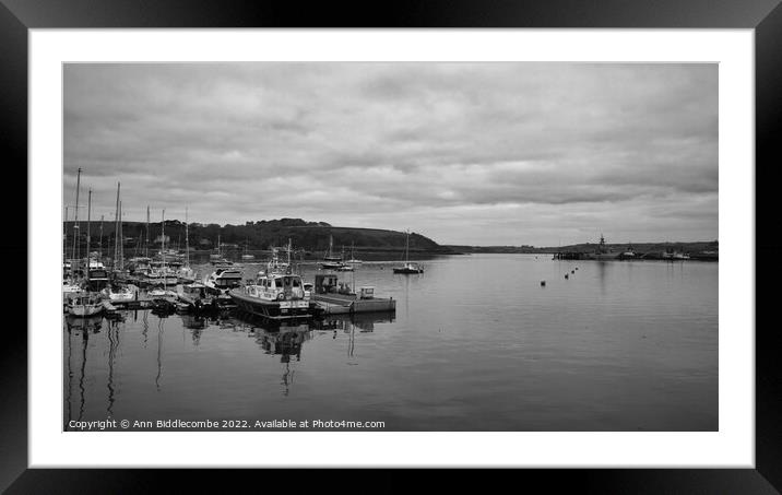 Monochrome Falmouth harbour looking out to sea  Framed Mounted Print by Ann Biddlecombe