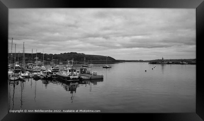 Monochrome Falmouth harbour looking out to sea  Framed Print by Ann Biddlecombe