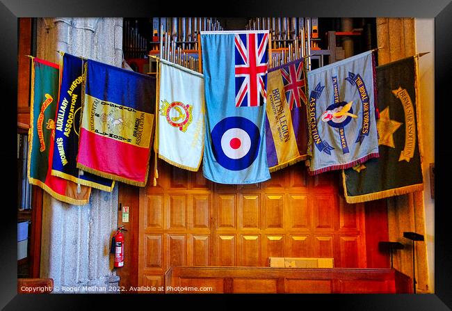 Military flags in church in Remembrance of service rendered Framed Print by Roger Mechan