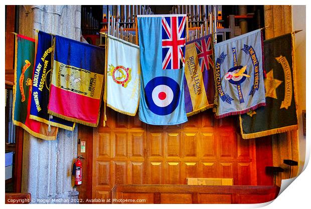 Military flags in church in Remembrance of service rendered Print by Roger Mechan