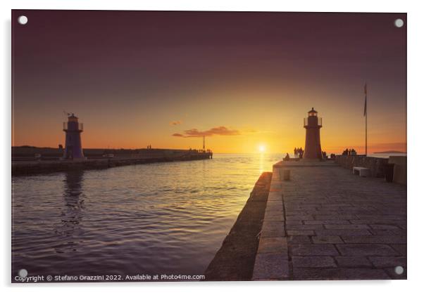 Castiglione della Pescaia, red and blue lighthouses at sunset. Acrylic by Stefano Orazzini