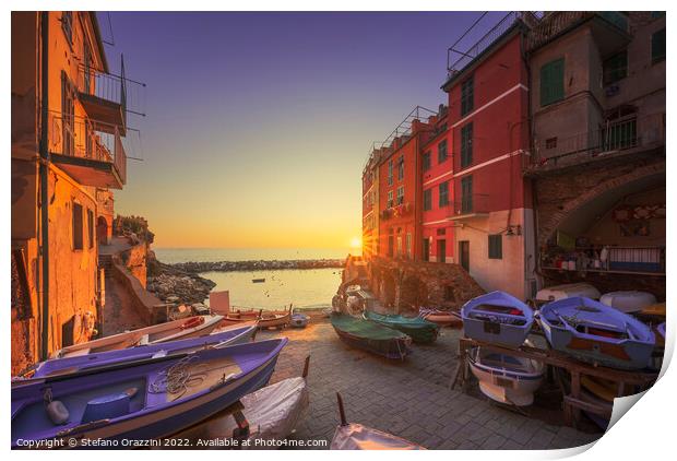 Riomaggiore village boats in the street at sunset. Cinque Terre Print by Stefano Orazzini