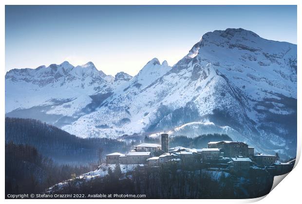 Snowy village and Apuan mountains in winter. Nicciano, Italy Print by Stefano Orazzini