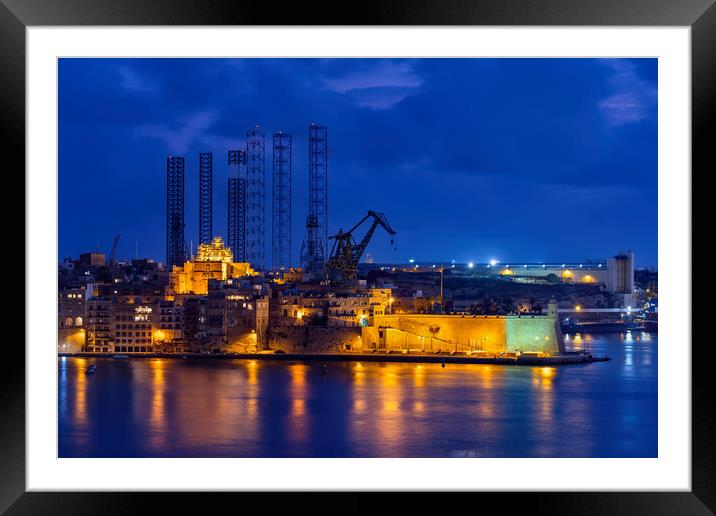 City Skyline of Senglea in Malta at Night Framed Mounted Print by Artur Bogacki