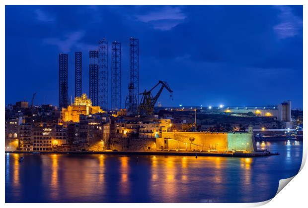 City Skyline of Senglea in Malta at Night Print by Artur Bogacki