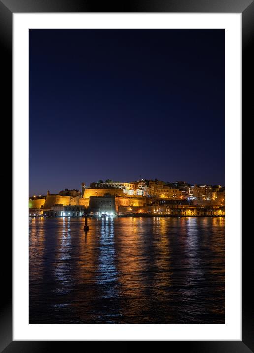 City Of Valletta Night Sea View In Malta Framed Mounted Print by Artur Bogacki