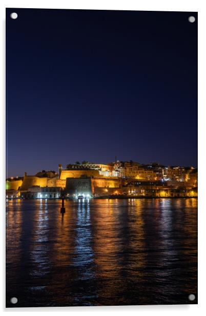 City Of Valletta Night Sea View In Malta Acrylic by Artur Bogacki