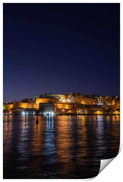 City Of Valletta Night Sea View In Malta Print by Artur Bogacki